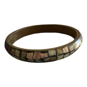 UNIQUE Gold Brass Brown Wood Resin Inlay 3" Diameter PLUS SIZE Bangle Bracelet